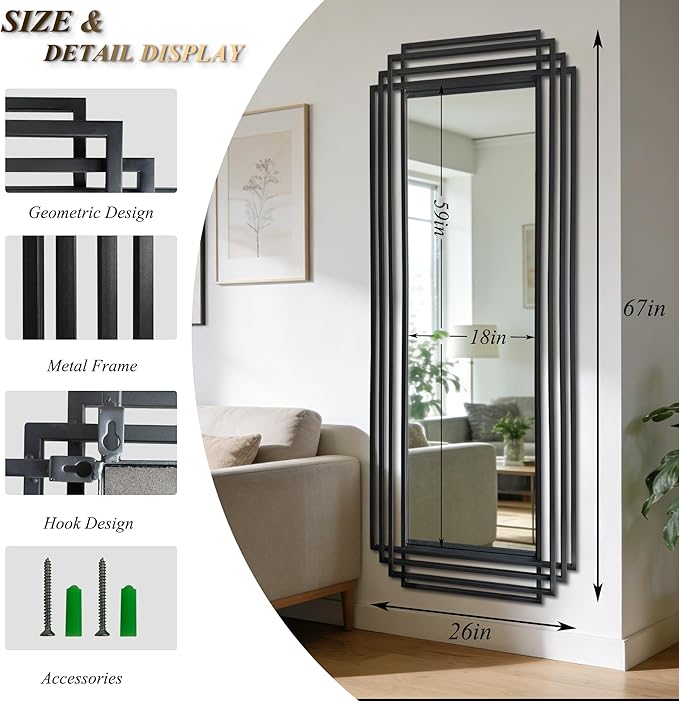 Large Geometric Wall Mirror, 67"x26" Rectangle Full Body Mirror with Metal Frame, Modern Elegant Art Deco Mirrors for Living Room Bedroom Entryway Hallway, Horizontal or Vertical Hanging