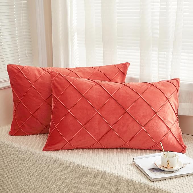 JAUXIO Diamond Pinch Pleated Crystal Velvet Pillowcases 2 Pack Solid Pintuck Throw Cushion Cover for Home Decor Hidden Zipper Closure (Coral Orange, King)