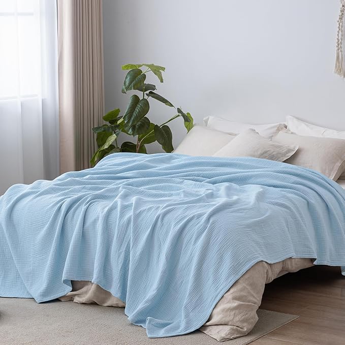 PHF 100% Cotton Muslin Blanket Queen Size 90"x90", 4-Layer Lightweight Gauze Throw, Breathable Cloud-Soft Minimalist Blanket for Bed, Couch, Camping & Baby, Sky Blue, Ideal Gift