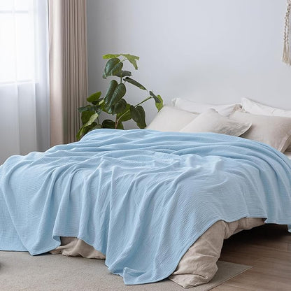 PHF 100% Cotton Muslin Blanket King Size 108"x90", 4-Layer Lightweight Gauze Throw, Breathable Cloud-Soft Minimalist Blanket for Bed, Couch, Camping & Baby, Sky Blue, Ideal Gift