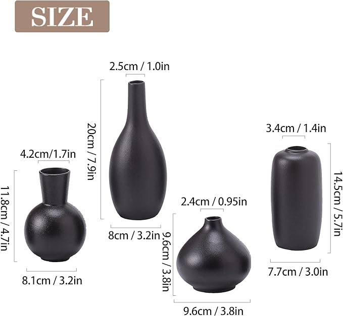 Black Ceramic Flower Vase Set of 4, Modern Farmhouse Decorative Vases for Bookshelf,Dining Room Coffee Console Table Centerpieces