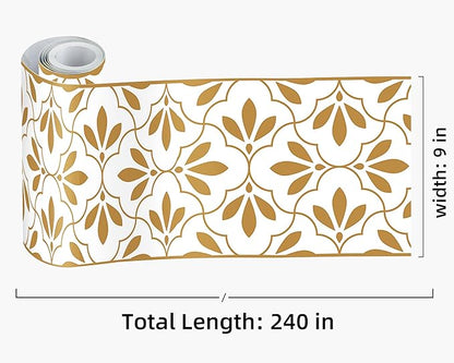 FLFK Wallpaper Border Gold and White Patterns Peel and Stick Wall Border Self Adhesive Wallpapers for Living Room Bedroom Kitchen Bathroom 9"x240"