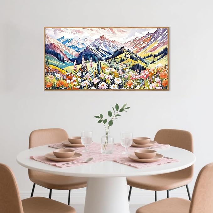 Aryroi Large Colorful Floral Mountain Scenery Framed Canvas Wall Art,Abstract Woodland Wildflower Wall Decor,Brilliant Nature Botanical Landscape artwork for Living Room, Bedroom, Office-40 x20 x1