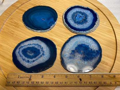 AMOYSTONE Blue Agate Coasters Set of 4, 3.5-4 Inch Polished Gemstone Coasters with Rubber Bumpers, Elegant Wedding Gift for Couples, Home Bar Decor