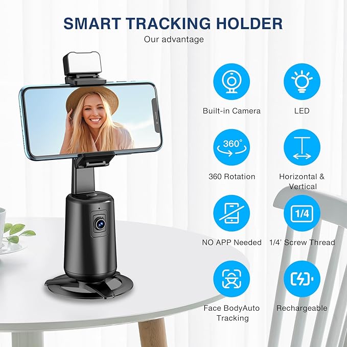 Auto Face Tracking Tripod 360° Rotating Cell Phone Photo and Video Kits Stand, No App, Camera Stand with Remote and Gesture Control, Rechargeable Smart Shooting Stand for Live Recording Tiktok（Black）