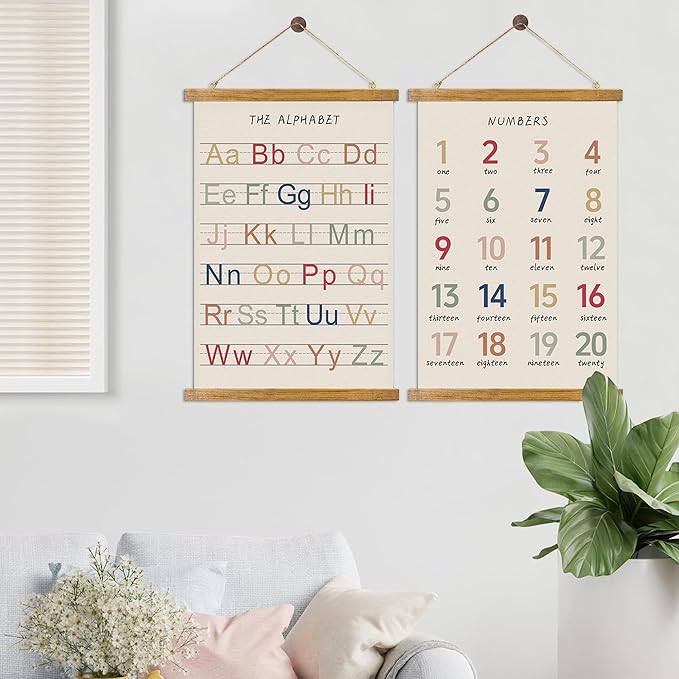 ABoby Vintage Illustrated Alphabet Numbers Chart Posters - Educational Nursery Wall Art for Classroom Homes - Retro Style Painting with Wood Frames - Ready to Hang