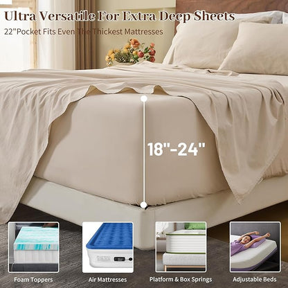 MEISHANG 100% French Pure Linen Sheets King Size - Extra Deep Pocket Sheet Set, Soft Durable Flax Linen, Anti-Tear Breathable & Oeko-Tex Certified 18-24 Deep Pocket,All Season(Linen)