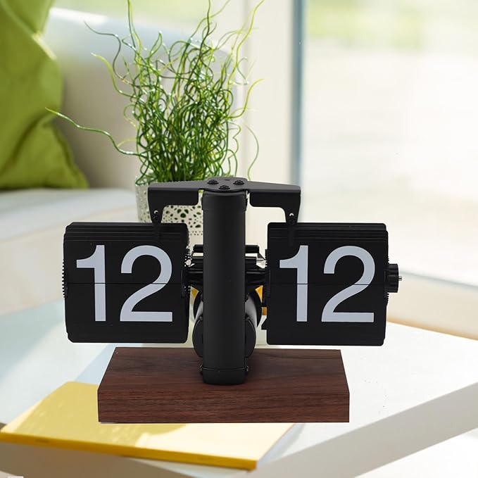 Retro Flip Clock Vintage, Digital Flip Desk Clock Black, Gear Flipping Clock, Mechanical Page Turning with Black Walnut Base for Home, Office, Room Decoration