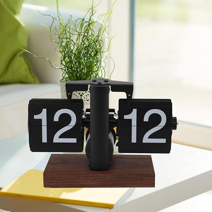 Retro Flip Clock Vintage, Digital Flip Desk Clock Black, Gear Flipping Clock, Mechanical Page Turning with Black Walnut Base for Home, Office, Room Decoration