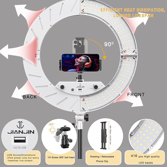 Ring Light Kit:18"/45cm Outer 55W6700k Dimmable LED Light, Tripod Stand, Remote Controller,Box for Camera,Smartphone,YouTube,TikTok,Self-Portrait Shooting,CRI95,White