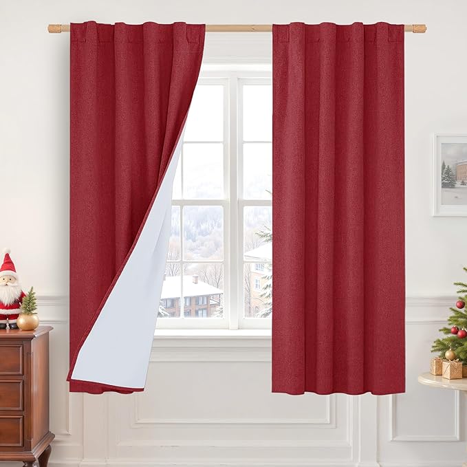 LAMIT Red 100% Blackout Linen Curtains, 63 Inches Linen Textured Thermal Bedroom Panels Back Tab and Rod Pocket Neutral Drapes with White Liner for Christmas Decor, 2 Panels, 38 x 63 Inch