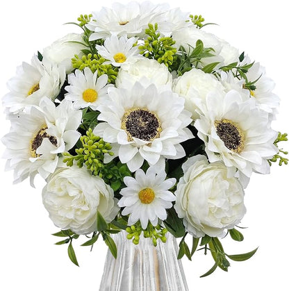 3 Pcs Fall Flowers Artificial Mums Silk Fake Mums Bouquet Faux Floral Arrangements Home Indoor Outdoor Planter Decor Party Wedding Table Autumn Decoration (White-A)