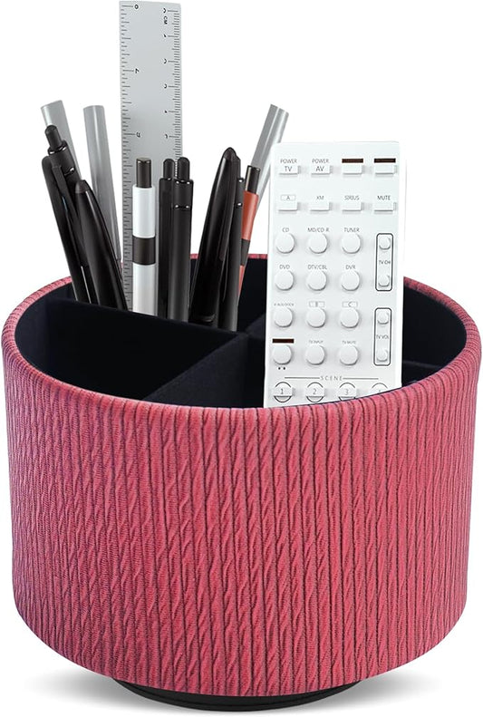 Round Leather Art Supply Organizer,Remote Control Holder,360 Degree Spinning,Multi-Functional Pencil Holder,4 Compartments Desktop Stationary Organizer(1-Wood Red)