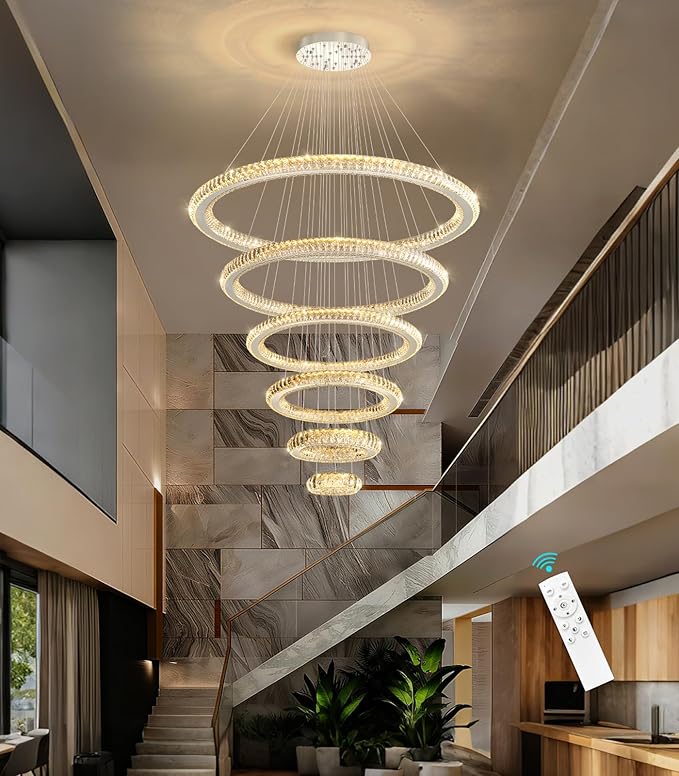 Modern Chandelier 8"+16"+24"+32"+40"+47" 6 Rings Crystal LED Dimmable Lighting Foyer Entryway High Ceiling Living Room Chanderliers Pendant Lights Fixtures Silver Light