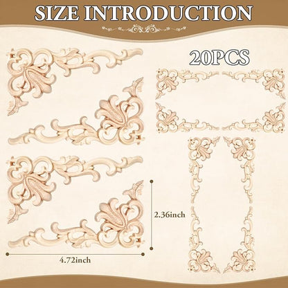 20 Pcs Wood Applique Corner Onlay Decorative Wood Applique DIY Wooden Carved Corner Unpainted Wooden Carved Decals Carving Decal for Furniture Wall Cupboard Bed Cabinet(Cute Style)
