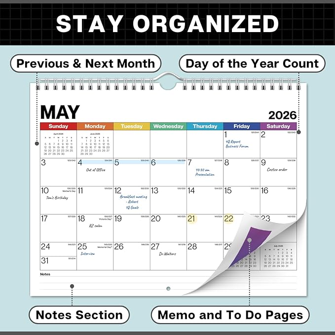 Dunwell 8.5x11" Wall Calendar 2026 (Colorful), Use January to December 2026, Hang on Wall or Use as 8.5 x 11 Office Desk Calendar
