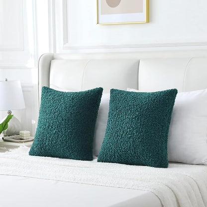 FUTEI Dark Green Throw Pillow Covers 24x24 Inch Set of 2,Furry Faux Fur Teddy Boucle Textured Cushion Covers,Soft Fluffy European Pillow Shams,Home Decor for Couch Bed Living Room Office Car