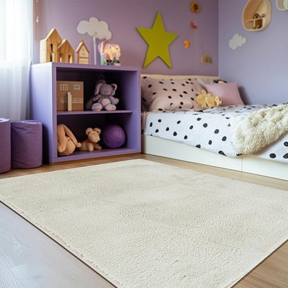 jinchan Solid Plush Area Rug 5x7 Performance Shaggy Washable Rug Indoor Soft Modern Faux Wool Cozy Non Slip Carpet for Living Room Kids Room Bedroom Dining Room Nursery Ivory