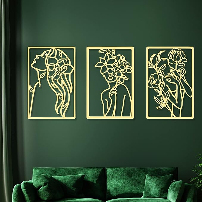 CHENGU Metal Wall Art (3 Pieces, Gold, Floral Style) - Minimalist Abstract Woman Line Drawing Wall Art Decor for Kitchen Bathroom Living Room