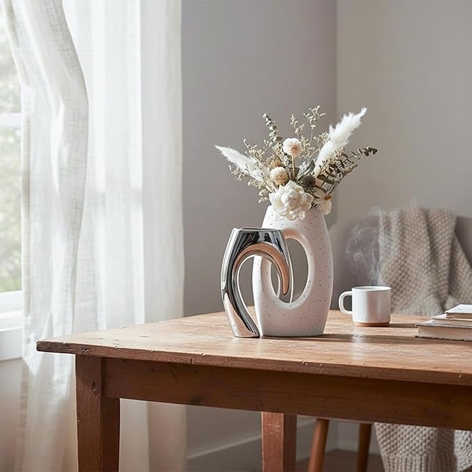 Ceramic Vase Set of 2 by DecoVlog, White and Silver Hollow Living Room Decor Vase, Minimalist Decorative Modern Boho Vase for Table Centerpiece Wedding Dining Living Room Office House Decoration