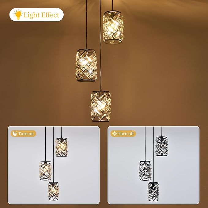 Black Crystal Pendant Lights Kitchen island, Adjustable Hanging Chandelier with Ambient Lighting, 51 Inch Chain, E12 Base, Plated Modern Farmhouse Fixture for Dining Room, Bedroom, Living Room