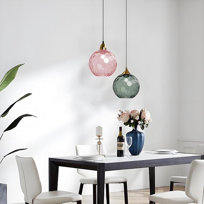 15cm/5.9’’ Industrial Vintage Spherical Glass Pendant Light, E26 Ceiling Hanging Lamp, Gold Finish & Ripple Glass Globe Shade, Dining Room Bedroom Chandelier (Pink)