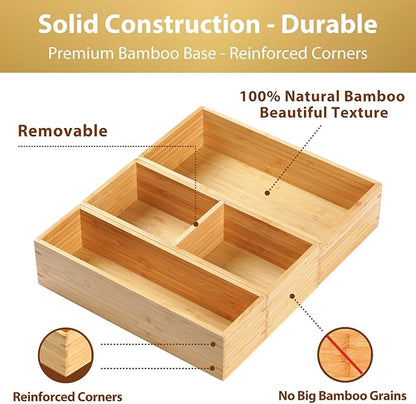 Umilife Drawer Organizer Storage Boxes, 2.5" High Bamboo Drawer Dividers, 3 Rearrangeable Bins for Kitchen, Office Desktop, Clothing, Makeup, vanity, Jewelry