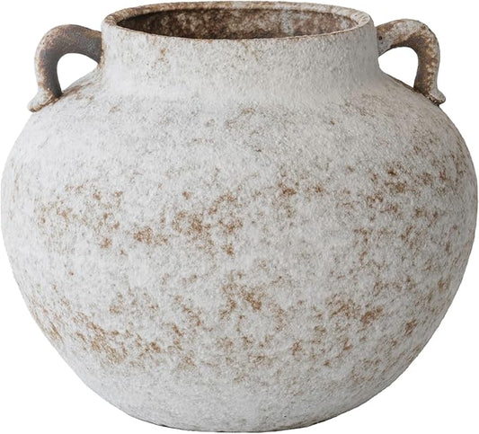 Rustic White Two-Ear Ceramic Vase with Hand-Glazed, Textured Pottery Vase with Two Ears for Centerpieces, Kitchen, Living Room, Bedroom Decor Gifts (Rustic White, Short)