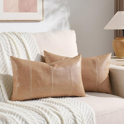Fancy Homi 2 Packs Tan Long Lumbar Waterproof Faux Leather Decorative Throw Pillow Covers 14x20 Inch for Outdoor Couch Bed, Beige Hand Stitched Cushion Case 35x50 cm, Taupe Modern Farmhouse Home Decor