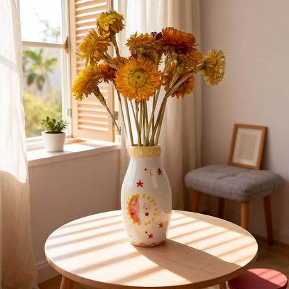 Unique Ceramic Vase, Cute Boho Decor, Small Cream Vase for Dried Flowers or Single Bud - Sun and Moon Face Design