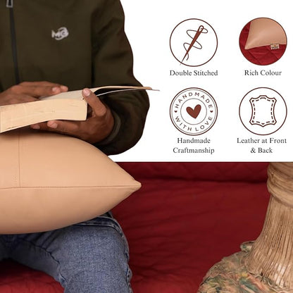 Lambskin Leather Pillow Cover, Hand Panel Stitched Leather Decorative Throw Pillow Covers for Couch Sofa Bed Living Room Garden (18x18 Inches, Beige Pack of 1)