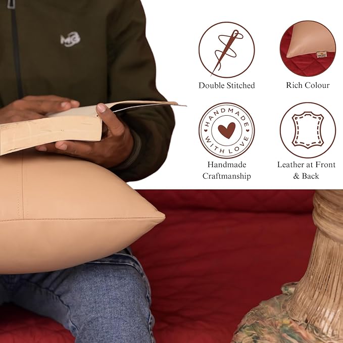 Lambskin Leather Pillow Cover, Hand Panel Stitched Leather Decorative Throw Pillow Covers for Couch Sofa Bed Living Room Garden (22x22 Inches, Beige Pack of 2)