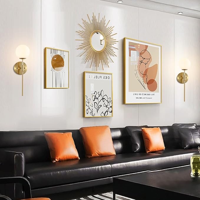 Gold Wall Sconce Set of 2 with White Globe Glass Shades Modern Mid Century Bathroom Vanity Wall Light Fixtures Industrial Brushed Brass Wall Lamp for Bedroom Mirror Living Room Restaurant