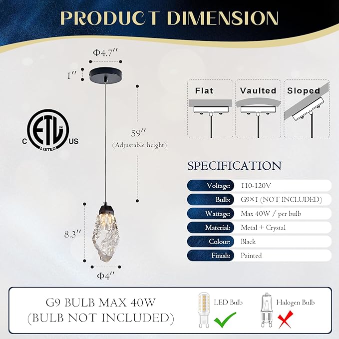 Black Crystal Pendant Light, Modern Mini Hanging Ceiling Light with Prism Crystals, LED Compatible Small Chandelier for Kitchen Island, Bathroom, Bedroom, Bar