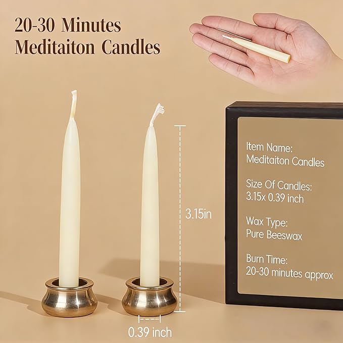 12 PCS Mini Beeswax Taper Candles, 30 Minute White Meditation Candles with Brass Candle Holders, Dripless Mini Beeswax Prayer Candles Gift for Yoga Relaxation (12, White)