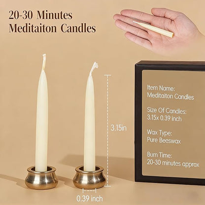 12 PCS Mini Beeswax Taper Candles, 30 Minute White Meditation Candles with Brass Candle Holders, Dripless Mini Beeswax Prayer Candles Gift for Yoga Relaxation (12, White)