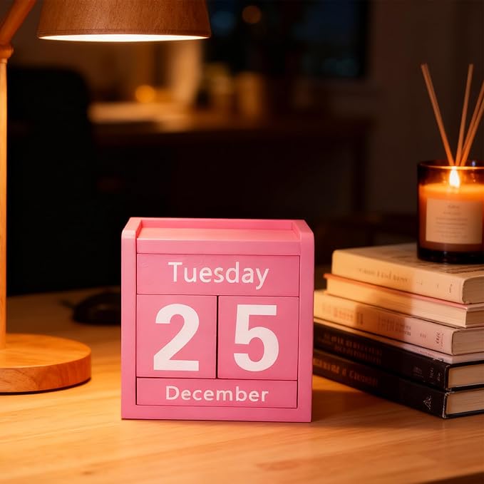Pink Desk Calendar Wooden Block Perpetual Calendar Cute Pink Office Desktop Accessories for Women Room Bedroom Girls Birthday Party Gift Christmas Home Decor