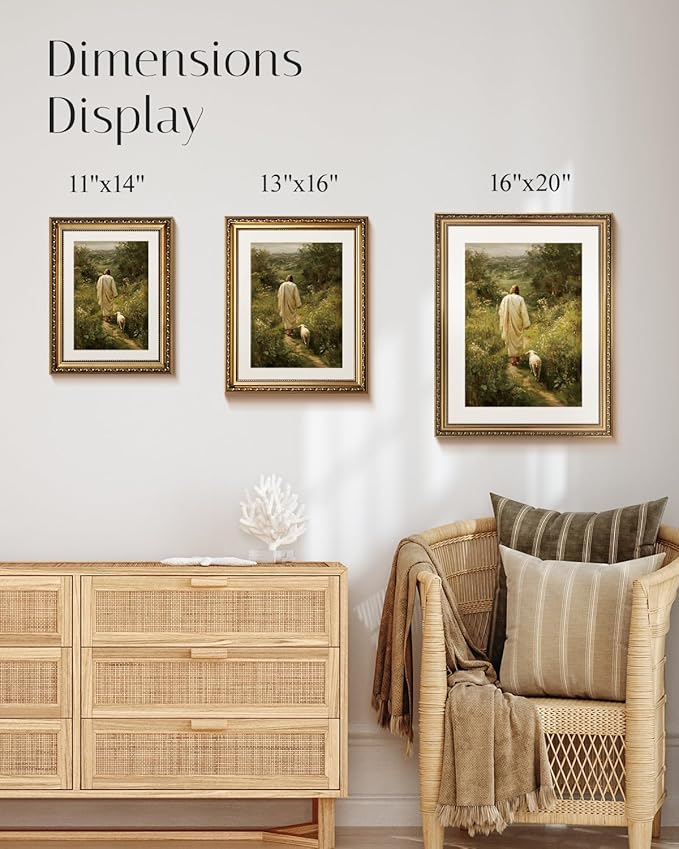 InSimSea Gold Framed Canvas Wall Art Room Decor Christian Jesus Wall Decor for Prayer Room Jesus and Lamb Oil Printing Artwork for Living Room Bedroom Church Home Office 16×13in
