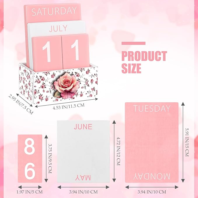 Pink Rose Wood Block Perpetual Calendar Coquettish Desk Decor Cute Month Week Date Display Decorative Block Calendar for Women Office Home Desk Gift for Women