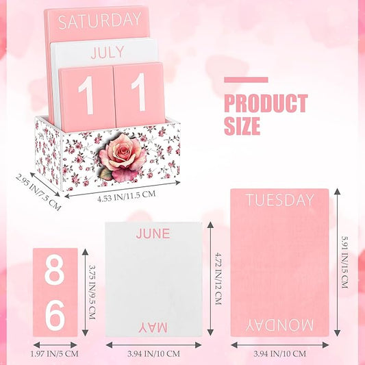 Pink Rose Wood Block Perpetual Calendar Coquettish Desk Decor Cute Month Week Date Display Decorative Block Calendar for Women Office Home Desk Gift for Women