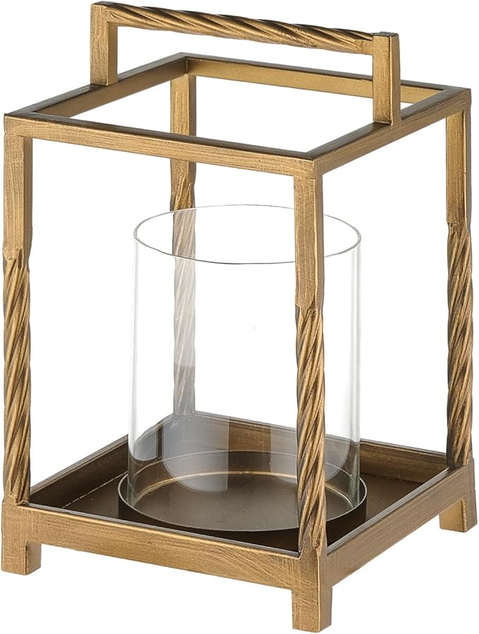 Modern Metal Lantern with Contrast Frame with Glass Cylinder (Brass, 6"x10")