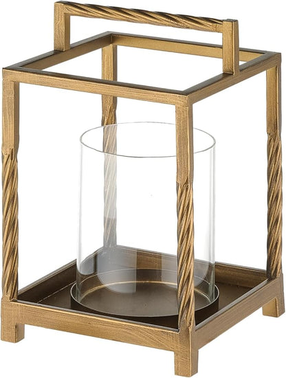 Modern Metal Lantern with Contrast Frame with Glass Cylinder (Brass, 6"x10")