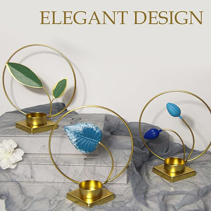 2-Pack Brass Floral Candle Holders – Elegant Leaf Design Tealight Holders for Table Centerpieces, Wedding, Housewarming & Holiday Décor (Green Leaf)