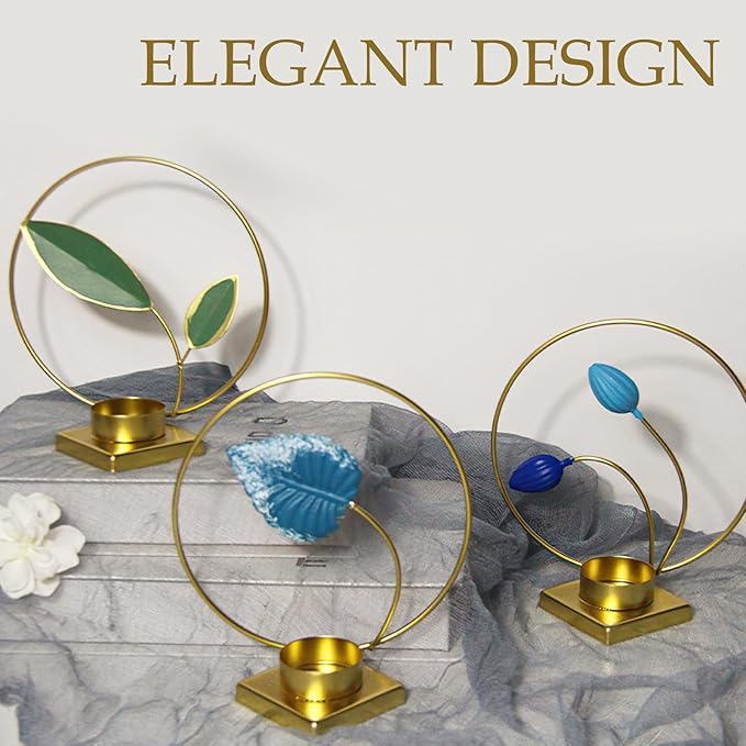 2-Pack Brass Floral Candle Holders – Elegant Leaf Design Tealight Holders for Table Centerpieces, Wedding, Housewarming & Holiday Décor (Blue Leaf)