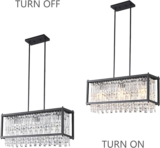 LMQNINE Modern Rectangle Chandelier for Dining Room, Black Crystal Chandelier Linear Light Fixture, Farmhouse Chandeliers for Kitchen Island, Bar Table, L25.98'' x W9.84'' x H8.66''