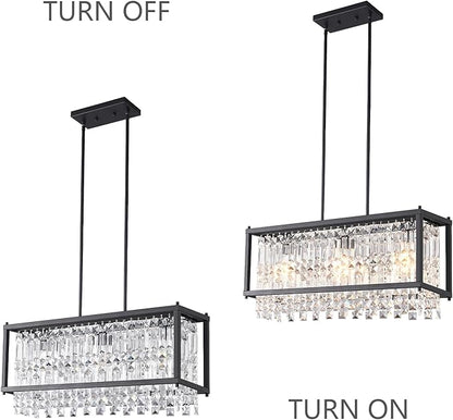 LMQNINE Modern Rectangle Chandelier for Dining Room, Black Crystal Chandelier Linear Light Fixture, Farmhouse Chandeliers for Kitchen Island, Bar Table, L25.98'' x W9.84'' x H8.66''