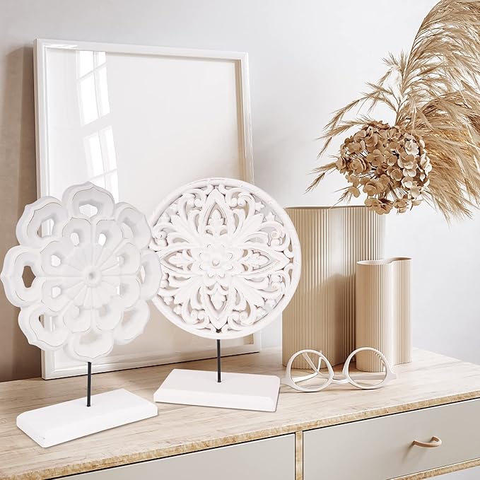AXEARTE 2 Pack Wooden Carved Cutout Flower Medallion Sculpture, Rustic Distressed White MDF Statues Home Tabletop Decor, Decorative Ornaments for Living Room, Bedroom, Office Desktop, Cabinets