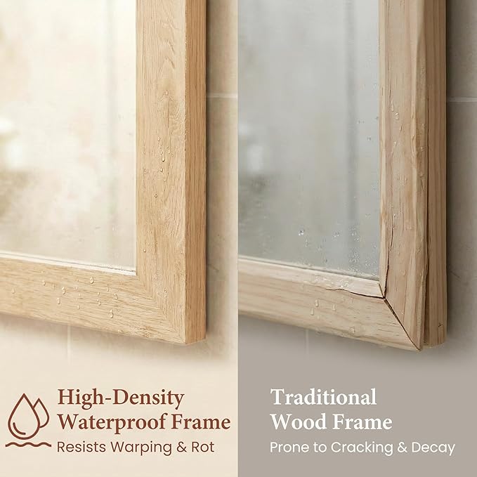 24" x 36" Natural Wood Tone Wall Mirror for Entryway & Bath, Waterproof Boho Decor Mirror, Scandi Oak Texture Vanity Mirror for Over Sink, Standard Trim