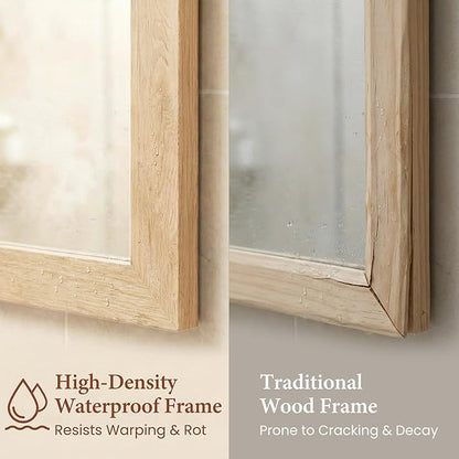 24" x 36" Natural Wood Tone Wall Mirror for Entryway & Bath, Waterproof Boho Decor Mirror, Scandi Oak Texture Vanity Mirror for Over Sink, Standard Trim