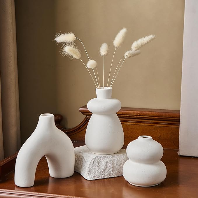 White Ceramic Vase Set of 3 Small Flower Vases for Home Decor, Modern BohoVase for Pampas Grass, Round Decorative Vases Table Centerpieces for Wedding Living Room Shelf Coffee Table (White Vase - B)
